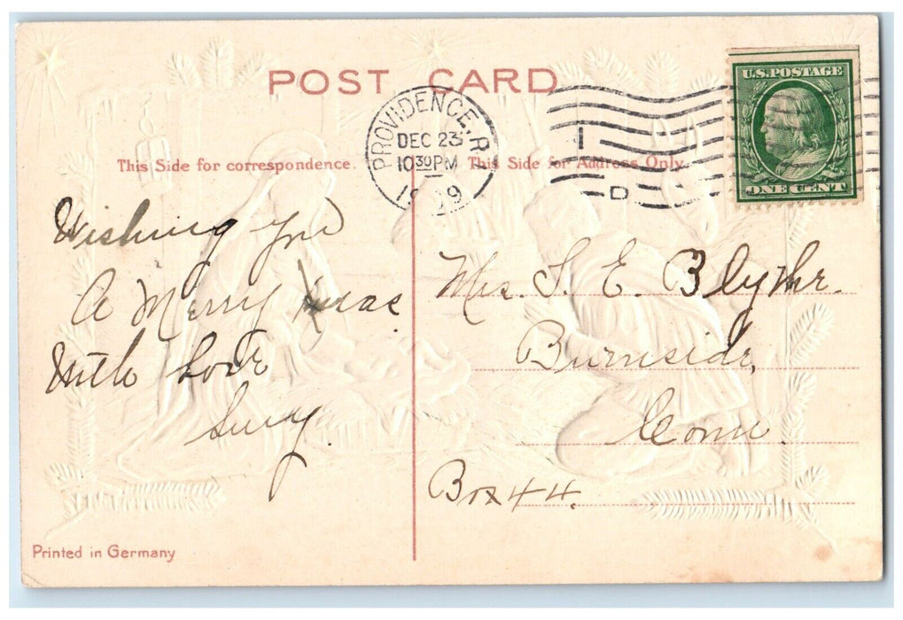 1909 Christmas Religious Pine Leaf Embossed Providence Rhode Island RI Postcard