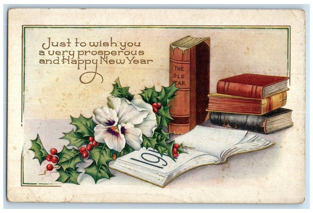 c1910s New Year Holly Berries Flowers Book East Hartford Connecticut CT Postcard