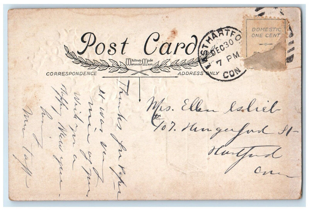 c1910s New Year Holly Berries Flowers Book East Hartford Connecticut CT Postcard