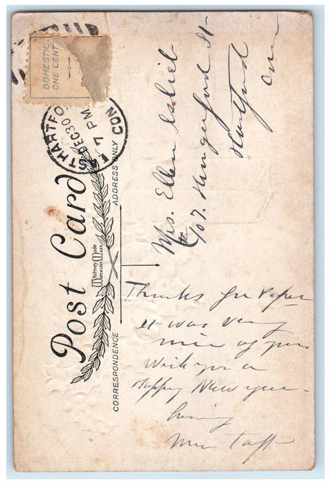 c1910s New Year Holly Berries Flowers Book East Hartford Connecticut CT Postcard