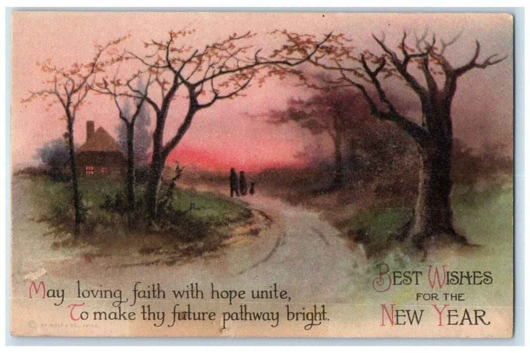 1908 New Year House Winter And Trees Wolf Clapsaddle Posted Antique Postcard