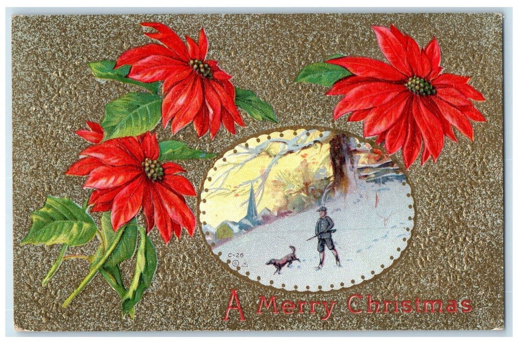 c1910's Christmas Poinsettia Flowers Hunting Hound Dog New Canaan CT Postcard
