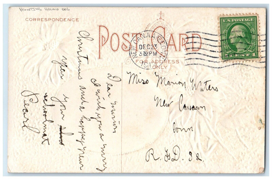 c1910's Christmas Poinsettia Flowers Hunting Hound Dog New Canaan CT Postcard