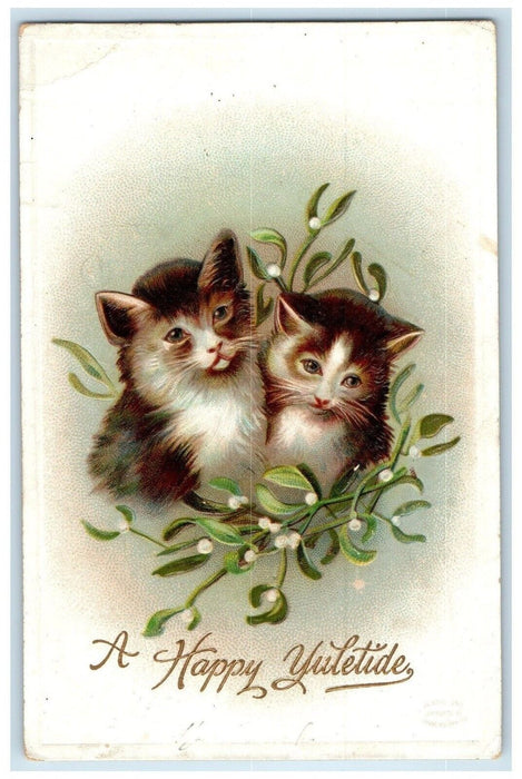 c1910's Happy New Year Cute Kittens Mistletoe Embossed Plainville CT Postcard