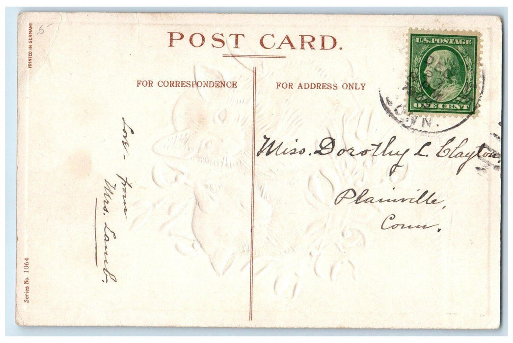 c1910's Happy New Year Cute Kittens Mistletoe Embossed Plainville CT Postcard