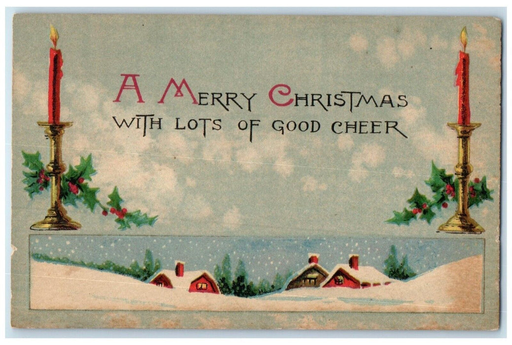 c1910s Merry Christmas Candles And Holly Berries Houses Snowfall Gibson Postcard