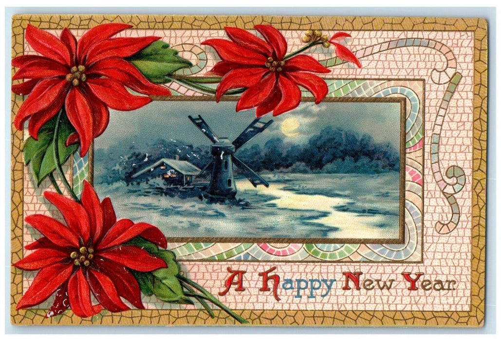 c1910's Happy New Year Poinsettia Flowers House Windmill Winter Posted Postcard