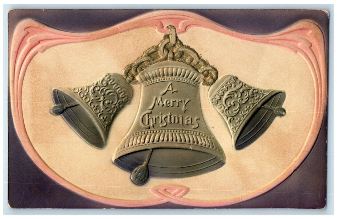 c1910's Merry Christmas Ringing Bells Airbrushed Embossed Antique Postcard