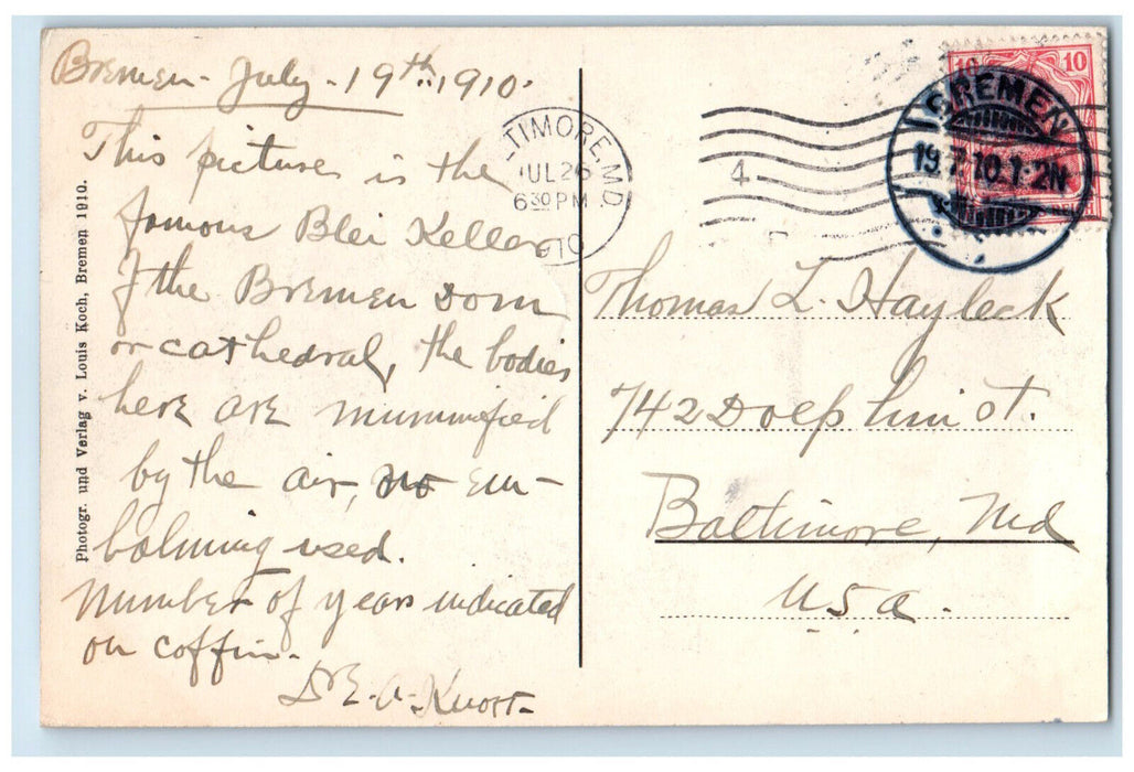 1910 Engl Major Student Grafin Casket Bleikeller Bremen Germany Postcard