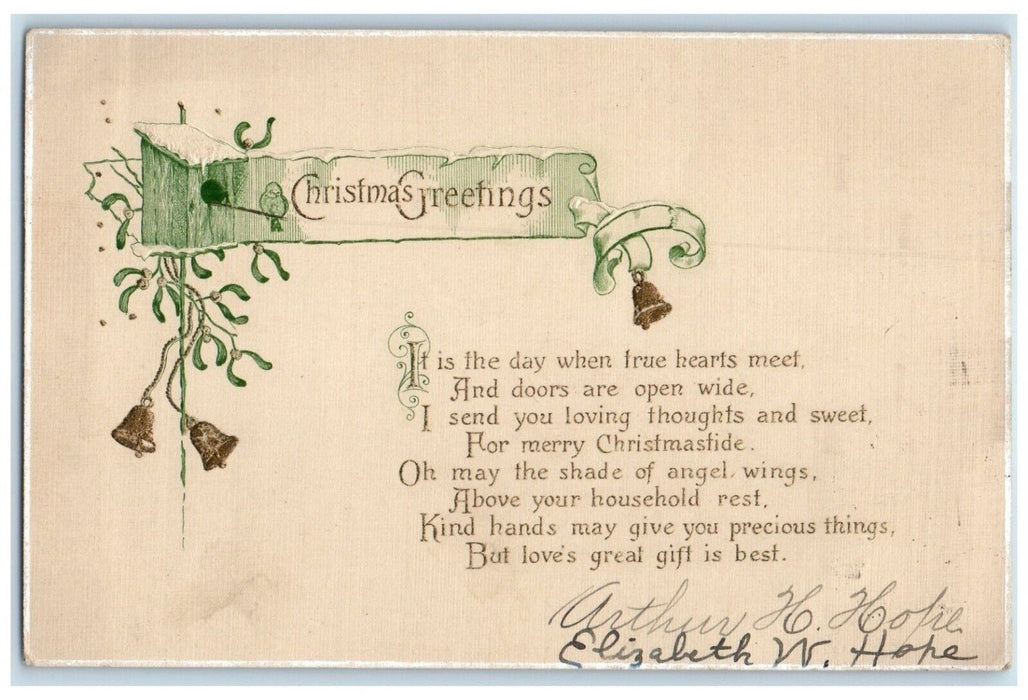 1912 Christmas Greetings Message Ringing Bells Mistletoe Clapsaddle Postcard