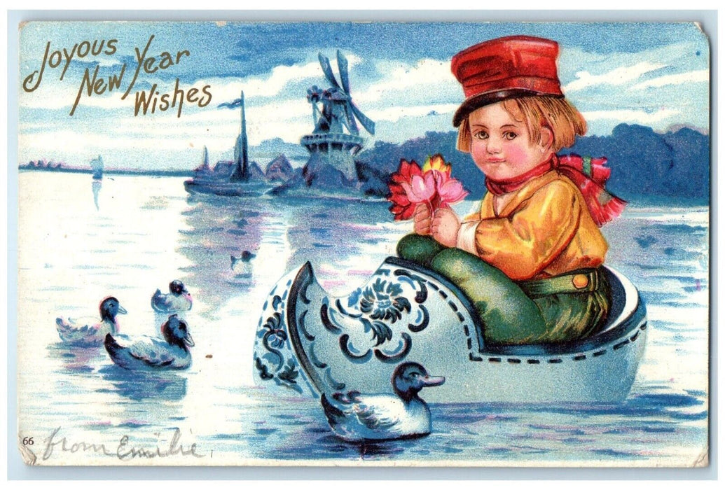 1908 Joyous New Year Boy Dutch Shoe Boat Ducks Windmill Mansfield CT Postcard