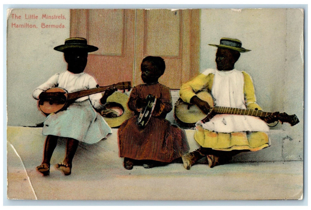 1907 Playing Guitar & Tambourine The Little Minstrels Hamilton Bermuda Postcard