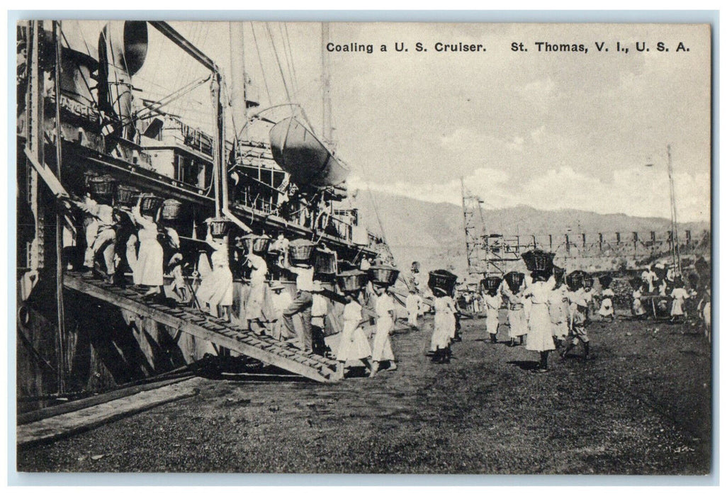 c1940's Coaling a U.S. Cruiser St. Thomas Virgin Islands USA Unposted Postcard