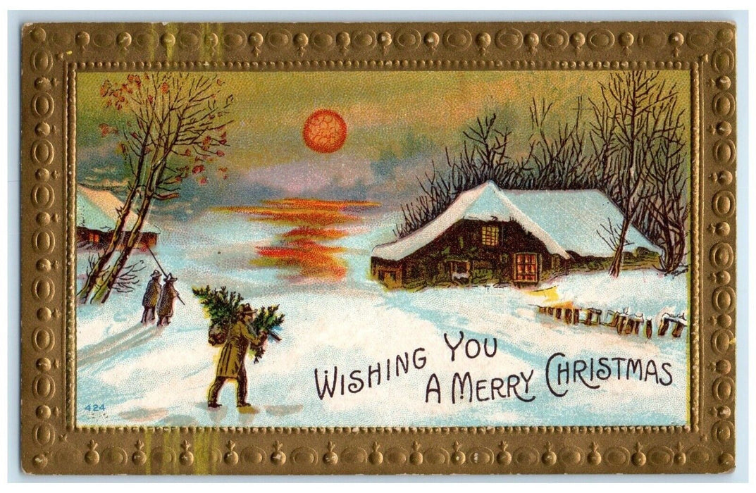 1910 Merry Christmas House Winter Embossed New London CT Posted Antique Postcard