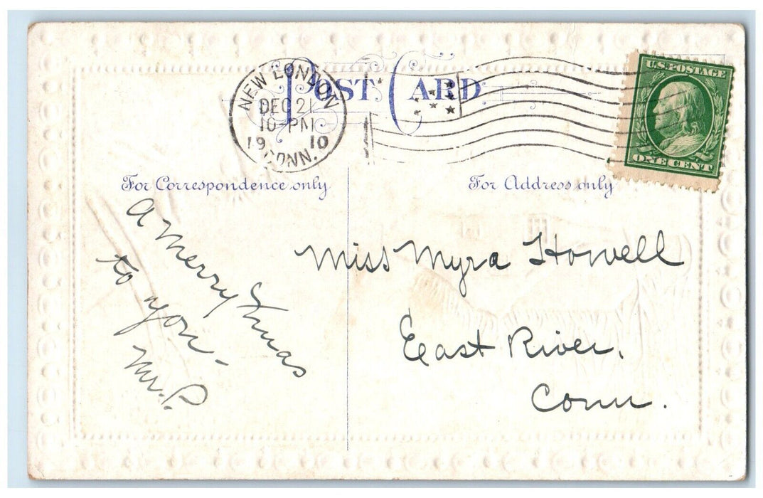 1910 Merry Christmas House Winter Embossed New London CT Posted Antique Postcard