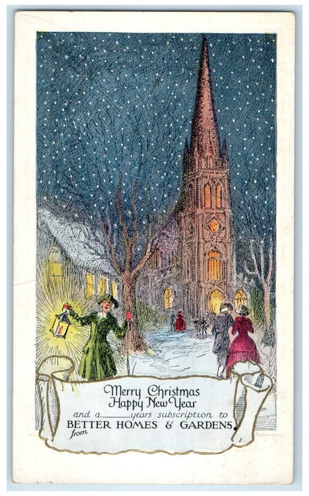 c1905 Merry Christmas New Year  Woman Lantern House Church Snowfalls Postcard