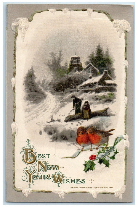 1913 New Year John Winsch Song Birds Holly Berries Artist Signed Posted Postcard