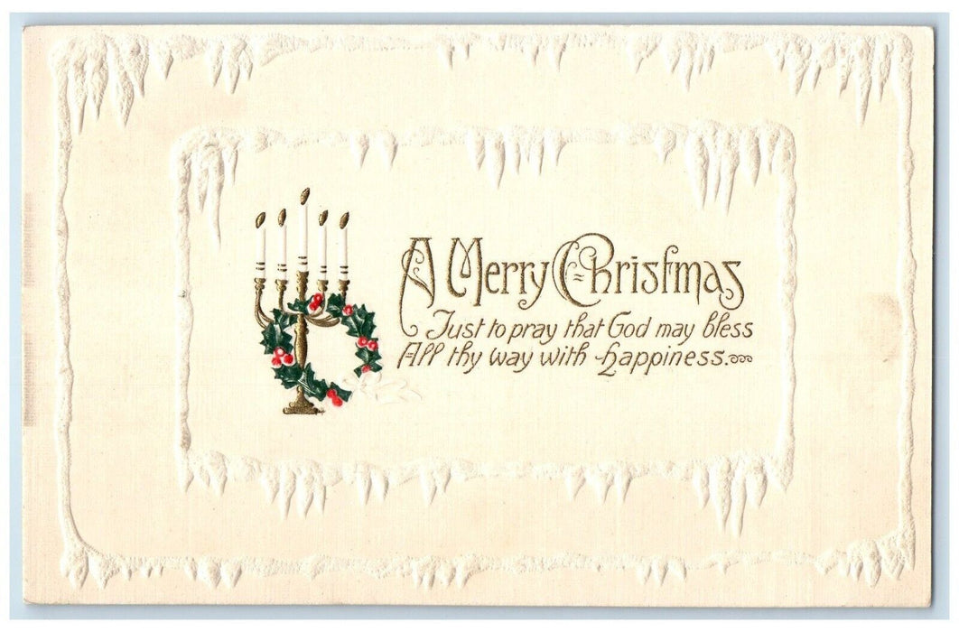 c1910's Merry Christmas Candles Holly Berries Embossed Posted Antique Postcard