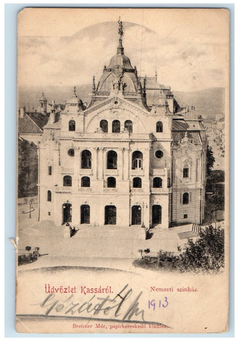 1913 Greetings from Kassarol National Theatre Hungary Antique Posted Postcard