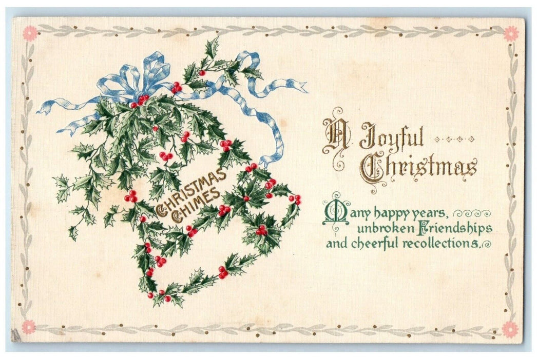 c1910's Christmas Holly Berries Ringing Bells Embossed Posted Antique Postcard