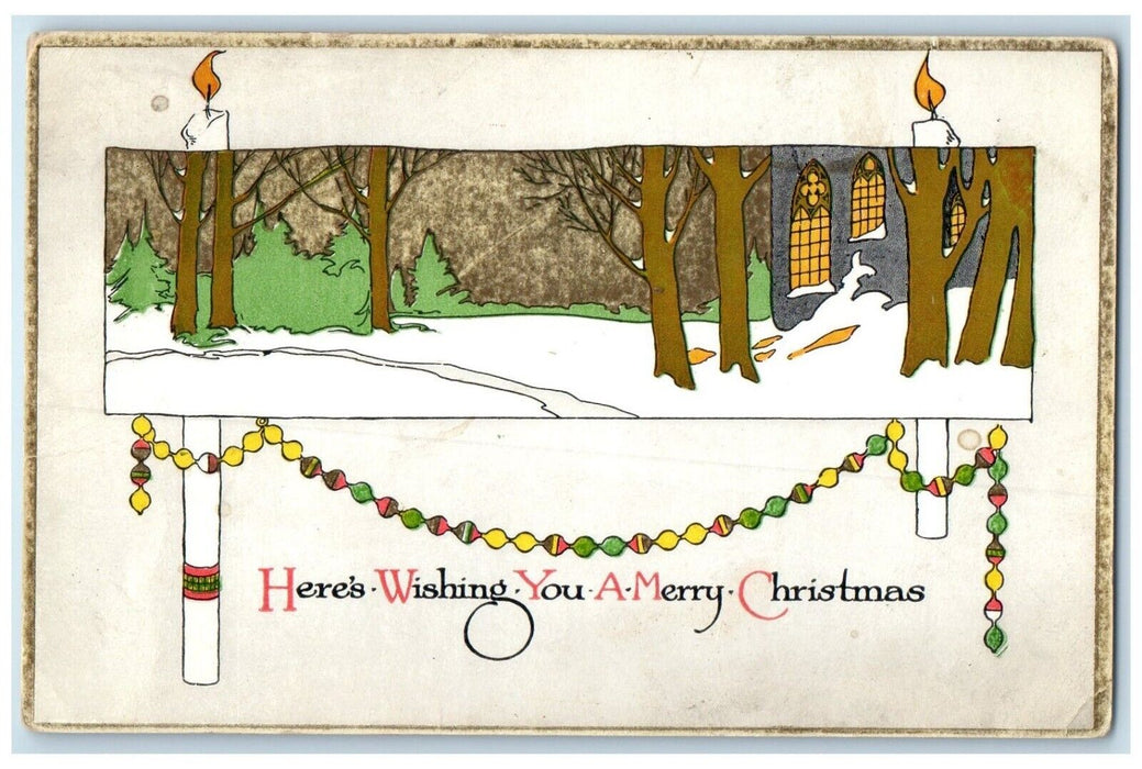 c1910's Merry Christmas Candles Trees Winter Arts Crafts Gibson Antique Postcard