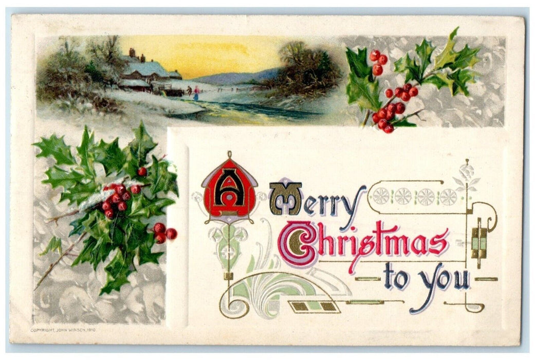 1910 Christmas Holly Berries John Winsch Artist Signed New Haven CT Postcard