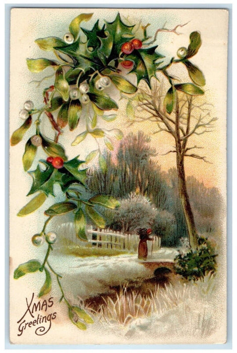 1910 Christmas Greetings Holly Berries Mistletoe Winter Scene Nash Postcard