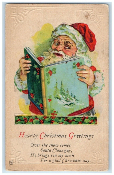 1923 Merry Christmas Greetings Santa Claus Holly Berries Hartford CT Postcard