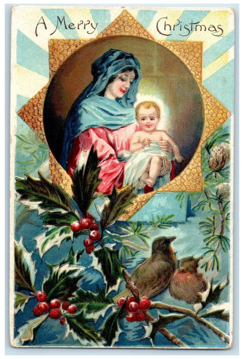 c1910's Merry Christmas Religious Song Birds Holly Berries Embossed Postcard