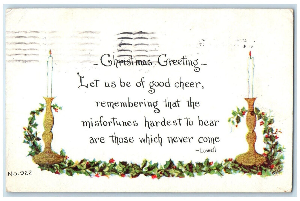 Christmas Greetings Message Lowell Candles Holly Berries Hartford CT Postcard