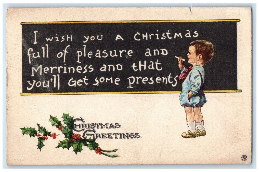 Christmas Greetings Little Boy Writing Berries Meriden Connecticut CT Postcard