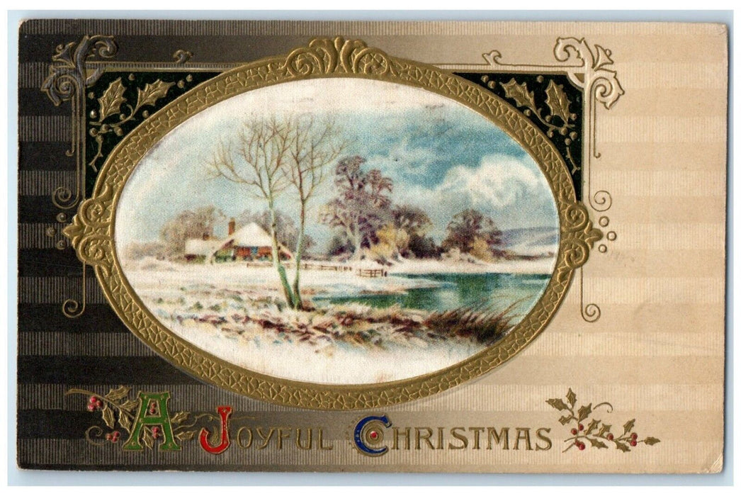 1910 Christmas House Winter Scene Winsch Back Embossed Higganum CT Postcard