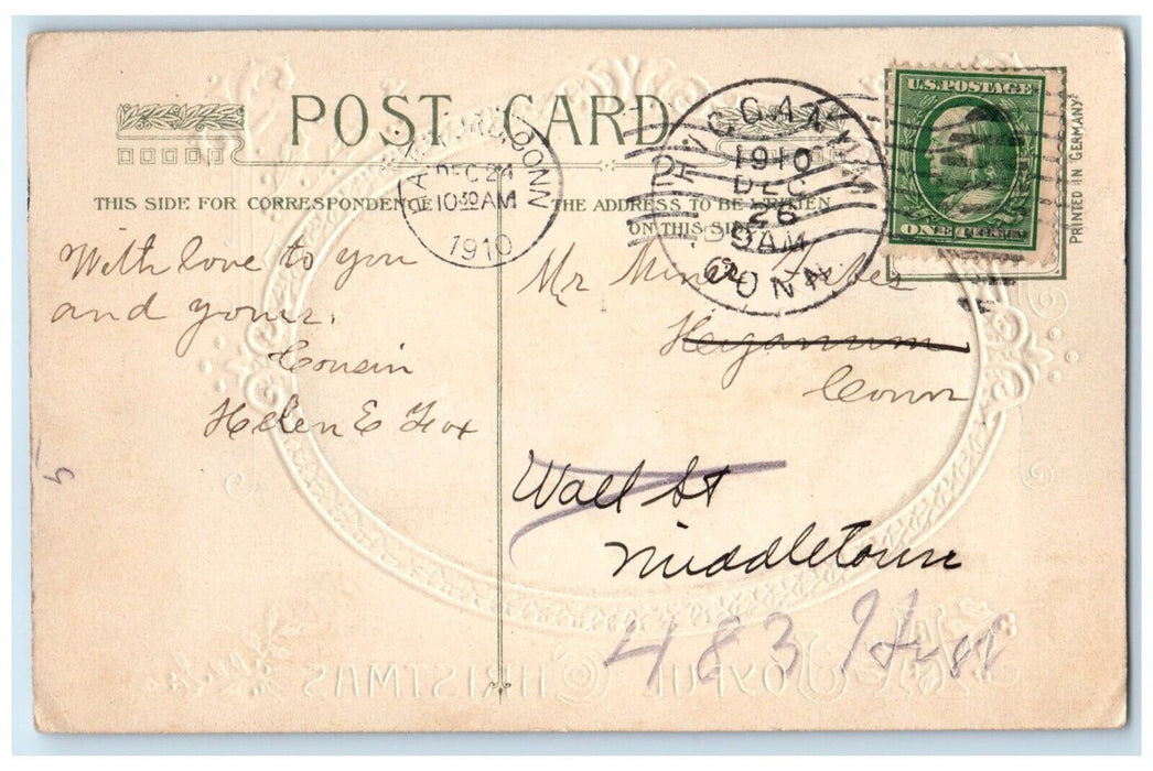 1910 Christmas House Winter Scene Winsch Back Embossed Higganum CT Postcard