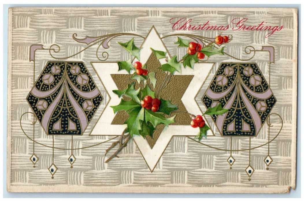 1910 Christmas Greetings Star David Holly Berries Winsch Back Embossed Postcard