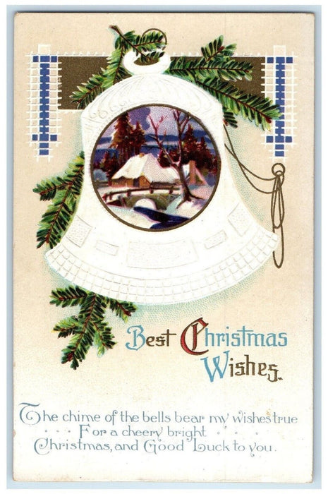 c1910's Christmas Wishes Pine Leaf Ringing Bell Clapsaddle Embossed Postcard