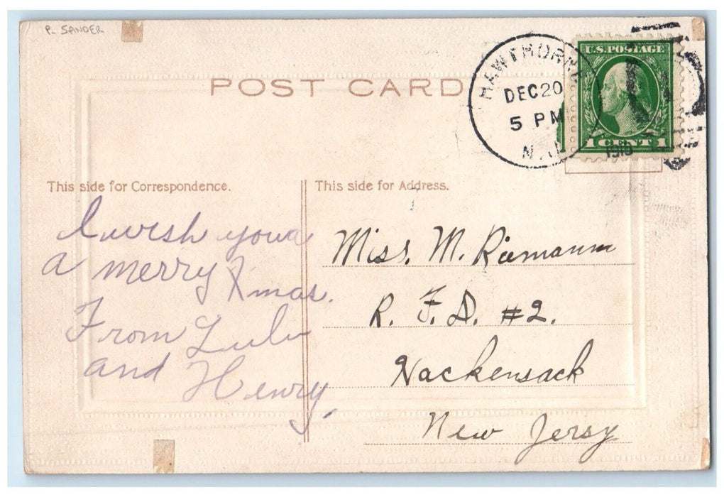 1915 Merry Christmas House Winter Windmill P. Sander Embossed Antique Postcard