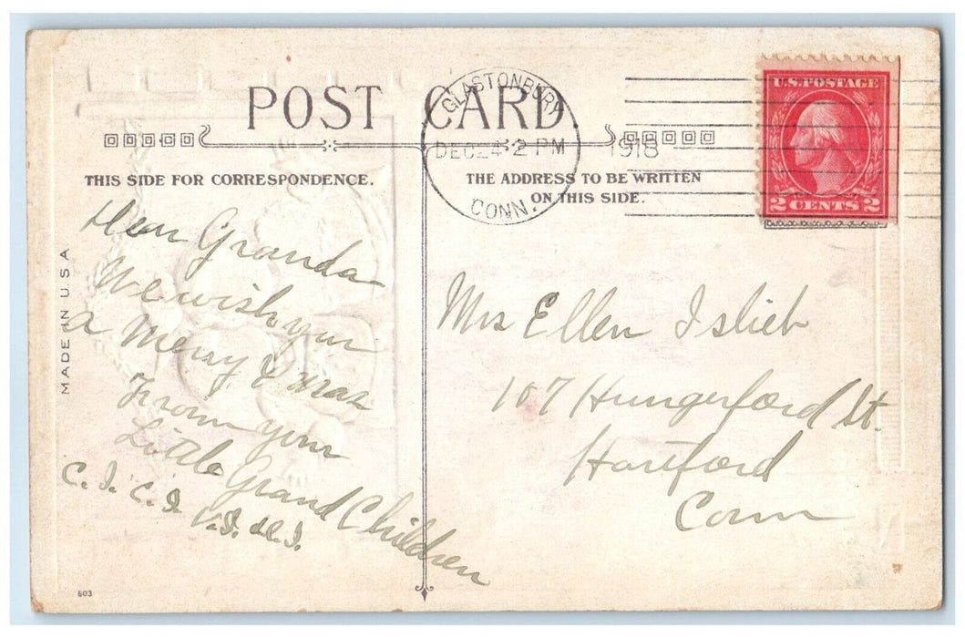 1918 Christmas Children Holly Berries Embossed Glastonbury CT Antique Postcard