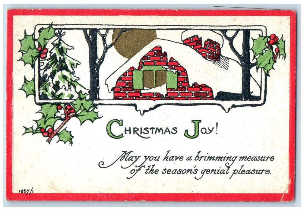 1915 Christmas Joy Holly Berries House Arts Crafts East Hartford CT Postcard