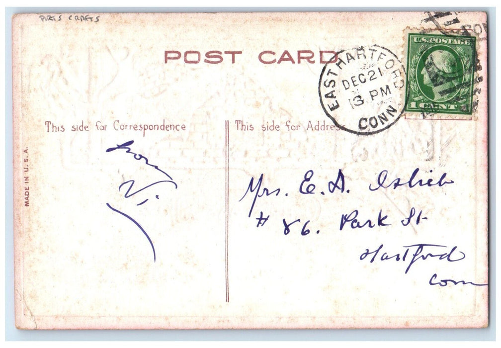 1915 Christmas Joy Holly Berries House Arts Crafts East Hartford CT Postcard