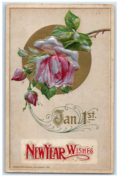 New Year Wishes Pink Roses Flowers John Winsch Embossed Hartford CT Postcard
