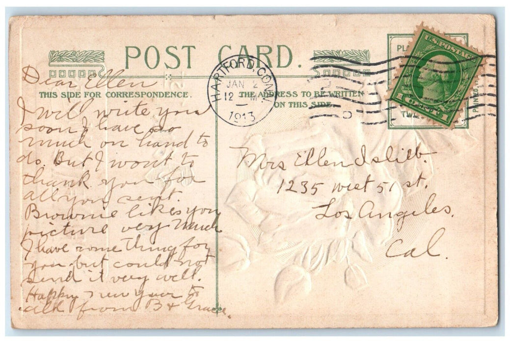 New Year Wishes Pink Roses Flowers John Winsch Embossed Hartford CT Postcard