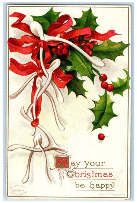 c1910's Christmas Holly Berries Wish Bone Red Ribbon Embossed Antique Postcard