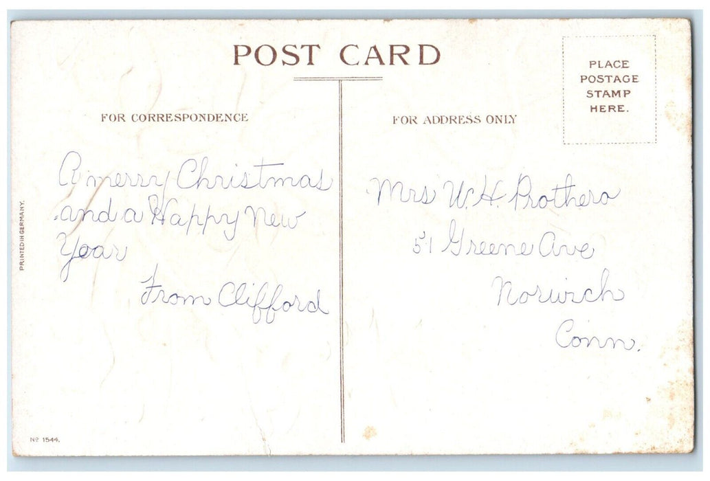c1910's Christmas Holly Berries Wish Bone Red Ribbon Embossed Antique Postcard