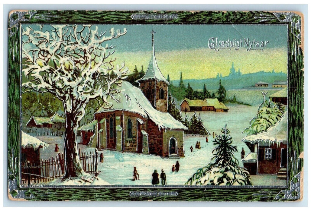 c1910's New Year House Church In Winter Embossed Gel Silver Denmark Postcard