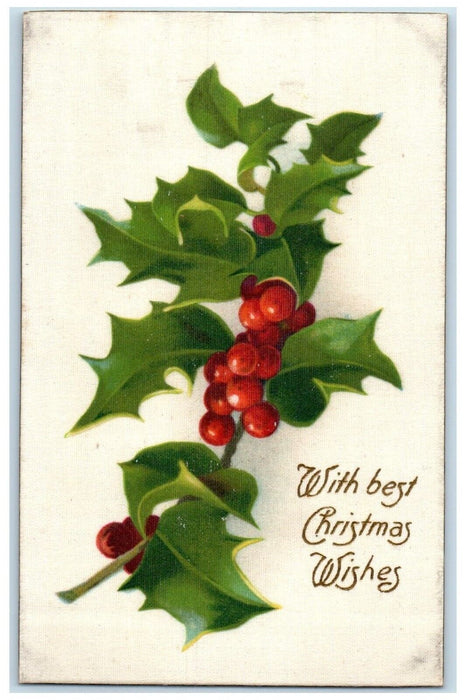 c1910's Christmas Wishes Holly Berries Winsch Back Silk Posted Antique Postcard