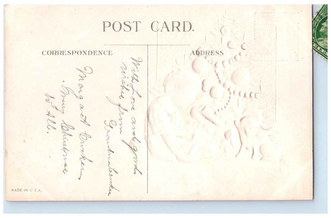 c1910's Christmas Tree Candle Lights Little Boy And Dog Embossed Posted Postcard