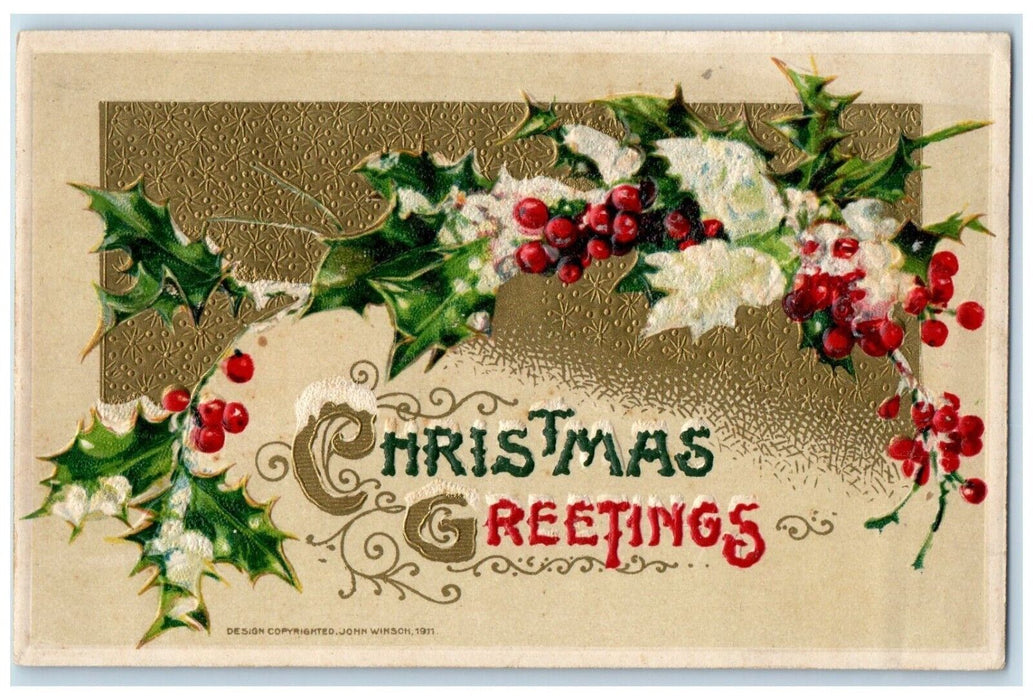 1912 Christmas Greetings Holly Berries John Winsch Artist Signed Posted Postcard