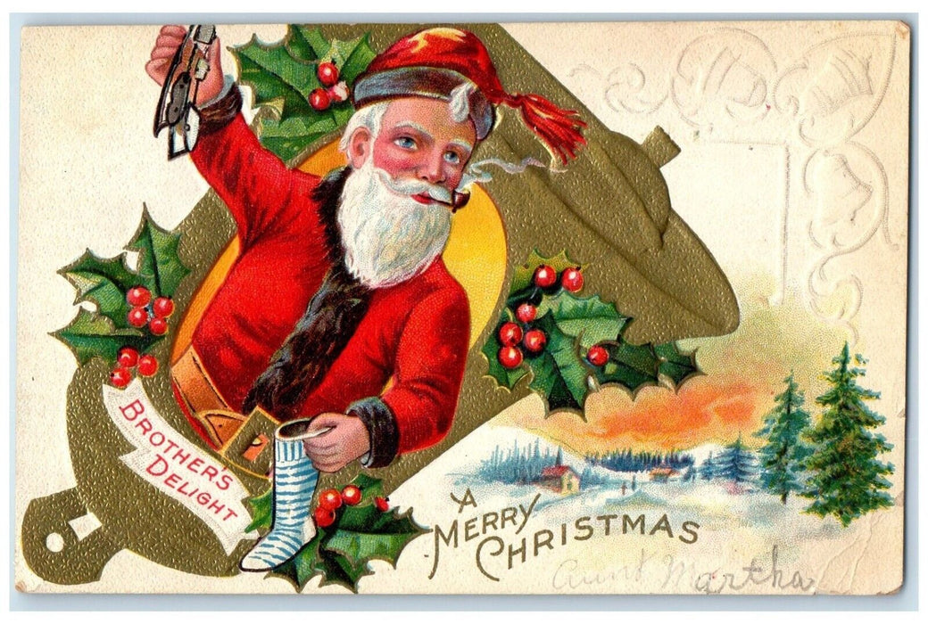 c1910's Christmas Santa Claus Putting Toys In Stocking Holly Berries Postcard