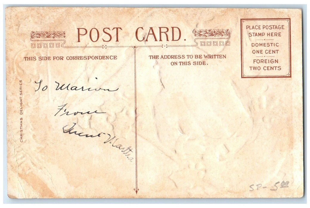 c1910's Christmas Santa Claus Putting Toys In Stocking Holly Berries Postcard