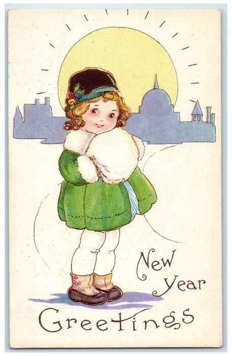 c1910's Christmas Greetings Cute Little Girl Handwarmer Sun Antique Postcard